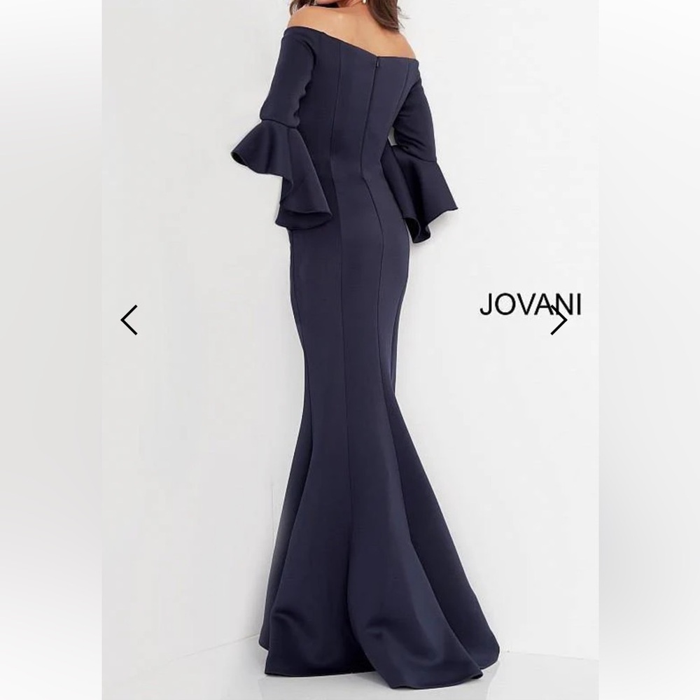 Jovani Off-Shoulder Navy Evening Gown with Ruffled Bell Sleeves - Picture 2 of 3